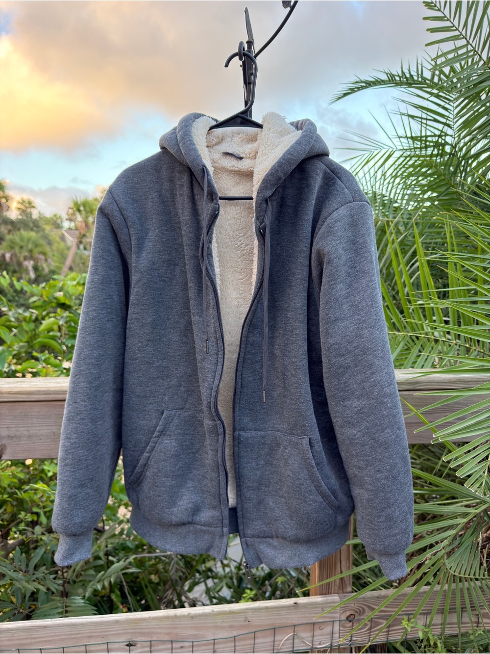 Unisex Hooded Sherpa-Lined Zip Sweatshirt - Charcoal Gray
